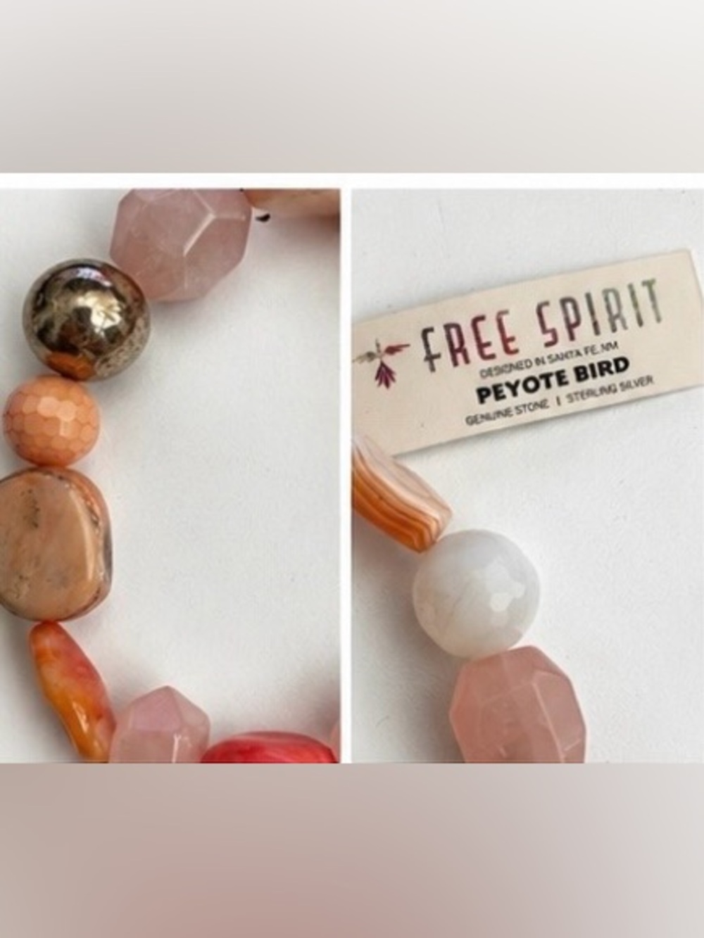 Free Spirit Peyote Bird Genuine Stone Bracelet Pink Neutral Sterling Silver - Picture 2 of 2
